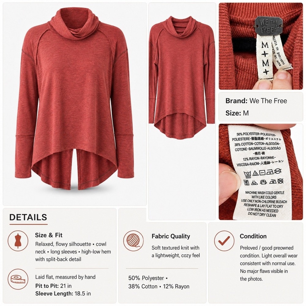 We The Free Cowl Neck Top Women Medium Red Split Back High Low Boho Knit - Picture 7 of 16